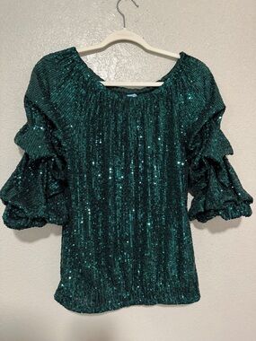 CeCe Emerald Green Sequin Puff-Sleeve Blouse